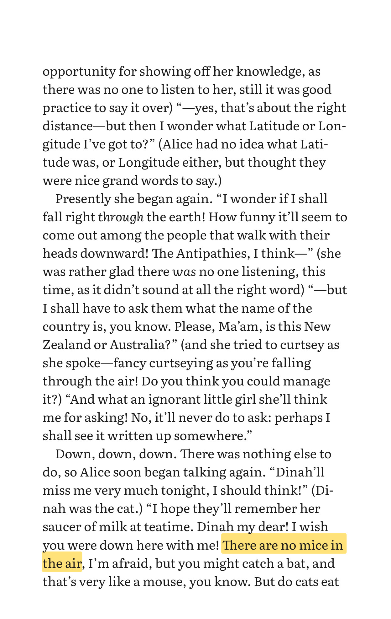 A single page of the same novel on a narrow screen, with one phrase highlighted in yellow.